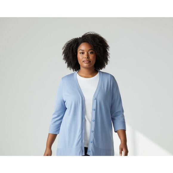 Coldwater Creek Cardigan Sweater Twin Set Womens 1X Blue Silk Cotton Knit Tank - Picture 2 of 16